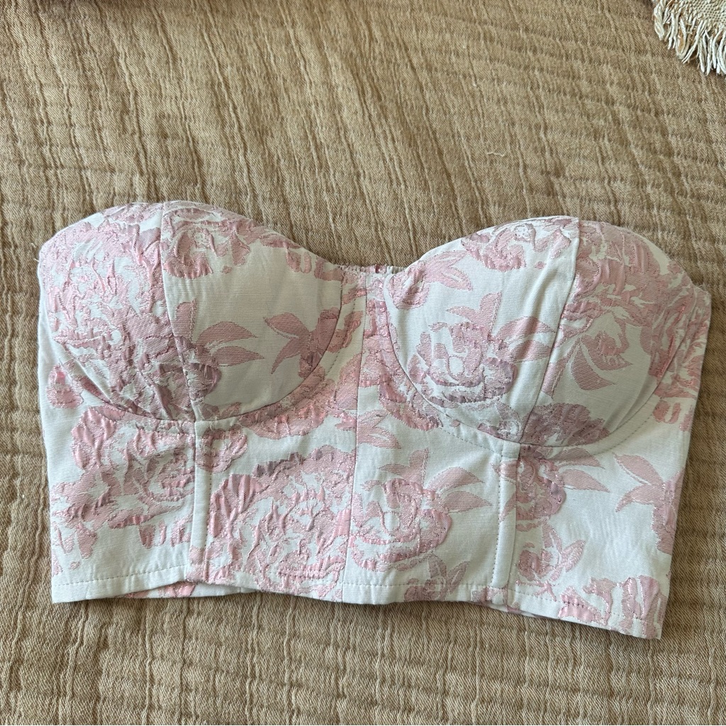 Nwt! Altar’d State (L) Jacquard Bustier Pink & White Brocade Strapless Crop Top